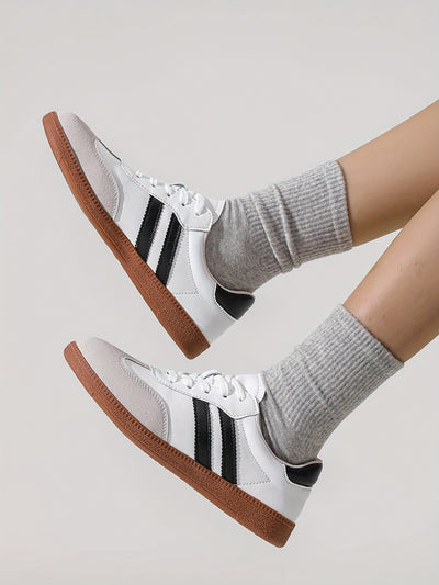 Women's Striped Pattern Flat Sneakers, Casual Lace Up Outdoor Shoes, Comfortable Low Top Shoes