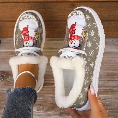 Vibrant Snowman Pattern Canvas Shoes - Lightweight, Low-Top, Plush Lined, Casual Lace-Up Sneakers for Women - Perfect for Outdoor Activities, Christmas Gift Idea, Comfortable and Breathable