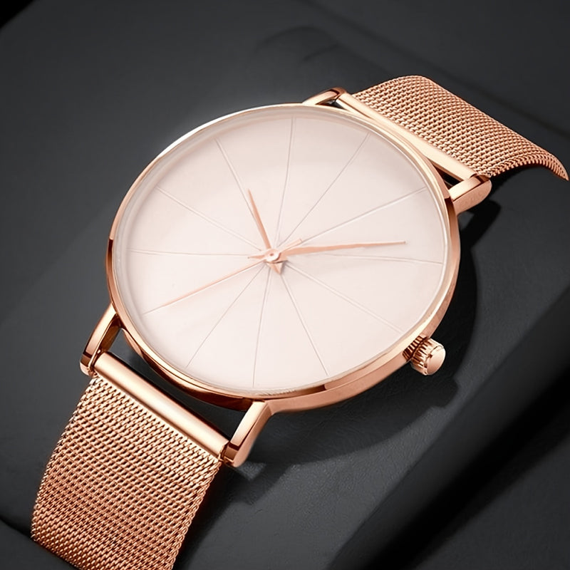 Elegant Minimalist Large Dial Watch with Rose Golden Case and Mesh Strap - Japanese Quartz Movement, Analog Display, Zinc Alloy, Screw-Back Closure for Men and Women