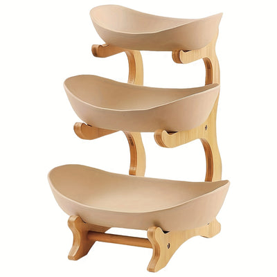 2/3-Tier Fruit Basket with Wooden Stand - Kitchen Organizer for Fruits & Vegetables,Home decor,fruit basket for kitchen counter,Large-Capacity Layered Fruit Basket,European-Style Dried Fruit Tray, Bamboo Wooden Rack Household