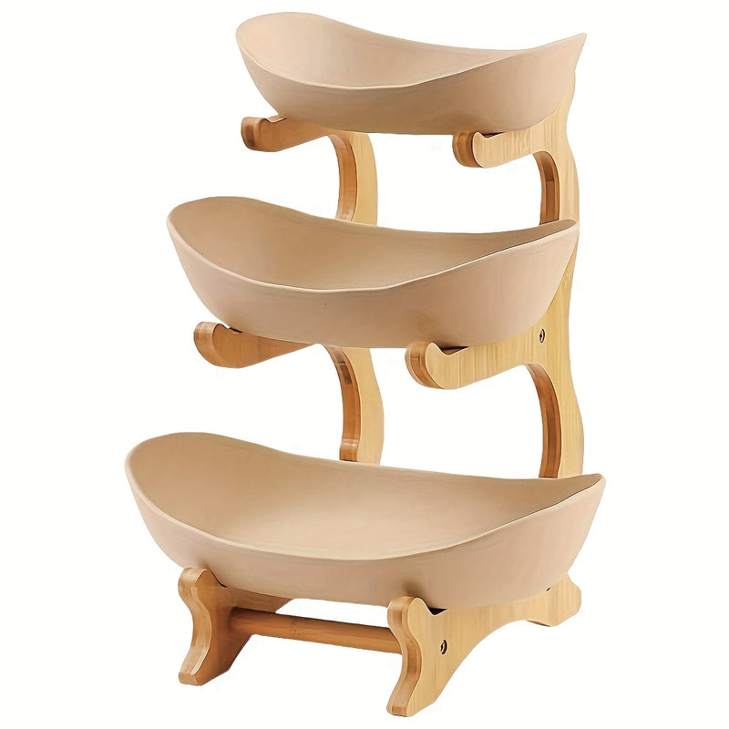 2/3-Tier Fruit Basket with Wooden Stand - Kitchen Organizer for Fruits & Vegetables,Home decor,fruit basket for kitchen counter,Large-Capacity Layered Fruit Basket,European-Style Dried Fruit Tray, Bamboo Wooden Rack Household