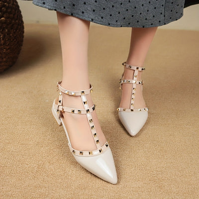 Women'S Elegant Pointed Toe Stiletto Sandals with Rivet Embellishments, Mid-Heel, Buckle Closure, Summer Fashion, Rubber Sole, Synthetic Cover - Hand Wash Only, Stylish Outdoor Shoes | Buckle Closure Sandals | Decorative Rive