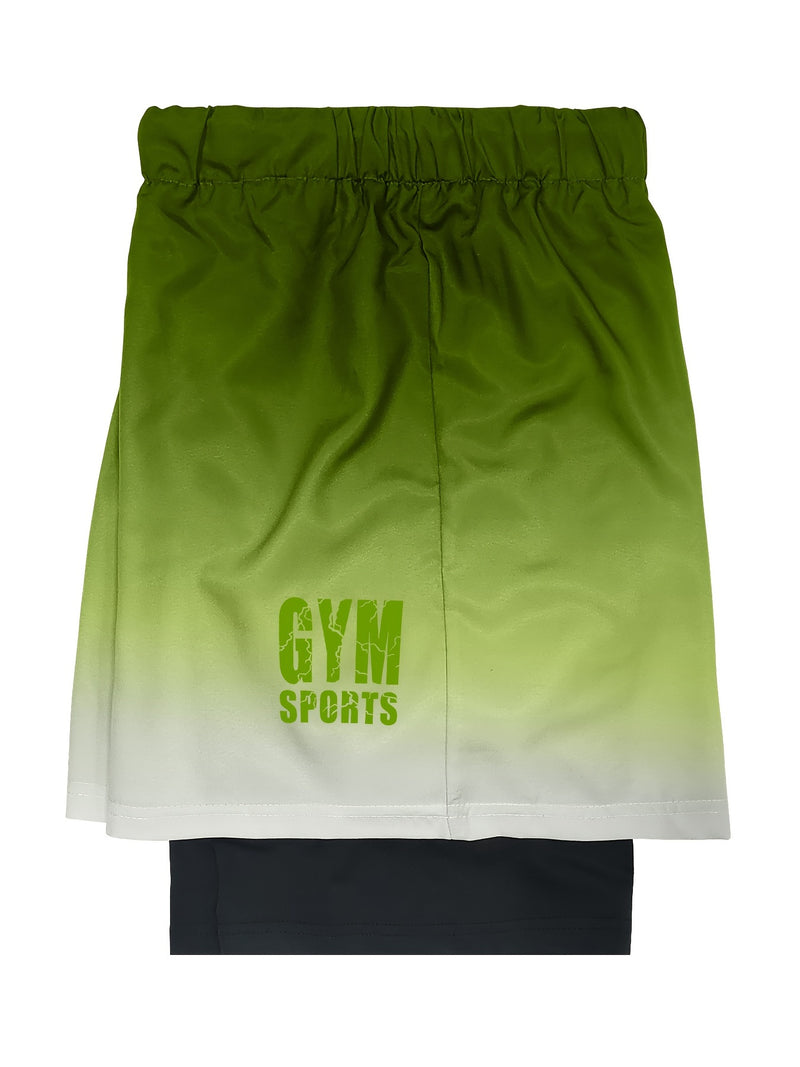 2-in-1 Double Layer Ombre Shorts - High Stretch, Drawstring Waist, Side Pocket, Breathable, Quick-Drying, Comfortable, Mens Sports Shorts for Summer Gym Workout, Training, and Fitness - GYM Pattern Print, Bull Design