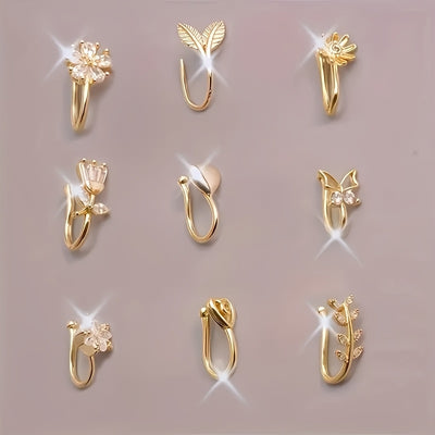 10pcs Set of Non-Piercing Nose Clips - Cute and Sexy Copper Cubic Synthetic Zirconia Design, U-shaped Heart, Crown, Butterfly and Star Patterns, Suitable for Daily Wear