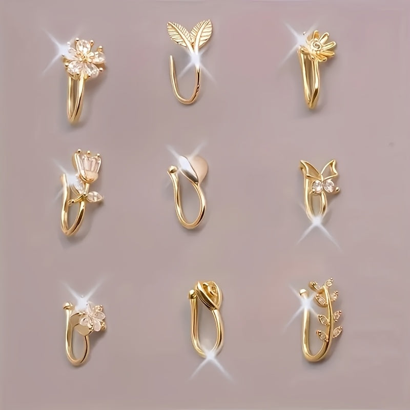 10pcs Set of Non-Piercing Nose Clips - Cute and Sexy Copper Cubic Synthetic Zirconia Design, U-shaped Heart, Crown, Butterfly and Star Patterns, Suitable for Daily Wear