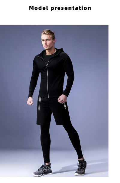 5pcs Men's Athletic Set - Polyester & Spandex Blend, High Stretch Knit Fabric, Hooded Zip-Up Jacket, Printed Sports Vest, Compression Long Sleeve Top, Shorts & Leggings for Running, Basketball, Training - Four Seasons Workout