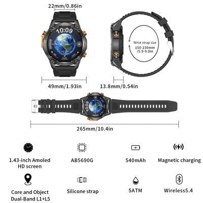 New high-precision GPS smart watch, 1.46-inch HD display, 540mAh battery/super long battery life, sports track display, more than 100 sports modes, 5ATM High Quality, compass, altimeter, all-zinc alloy body suitable for outdo