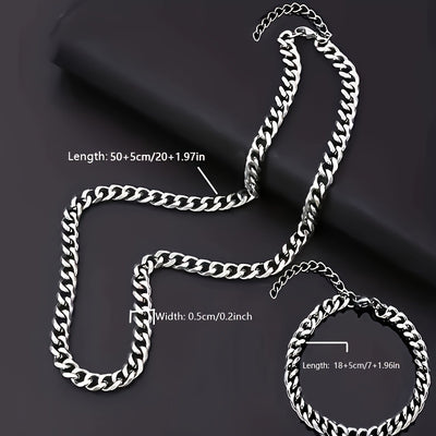 2pcs Hip Hop Stainless Steel Chain, Punk Fashion Necklace Bracelet Set for Men,  Streetwear Style, Urban Fashion, Sturdy Bracelet, Men's Necklace Set, Men's Fashion, Punk Enthusiasts