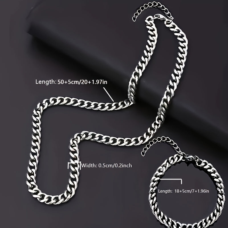 2pcs Hip Hop Stainless Steel Chain, Punk Fashion Necklace Bracelet Set for Men,  Streetwear Style, Urban Fashion, Sturdy Bracelet, Men&