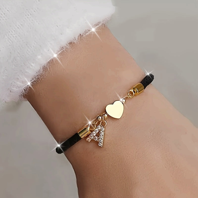 18K Golden Plated Heart Charm Bracelet with Synthetic Zirconia Letter Pendants A-Z, Simple Classic Black Polyester Cord, Adjustable for Daily Wear and Gift-Giving