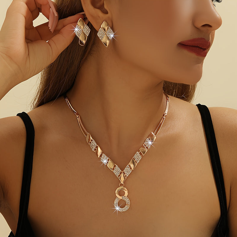 3pcs Golden-Plated Luxury Jewelry Set with Rhinestones - Alloy Vacation Style, Perfect for Weddings and Valentine&