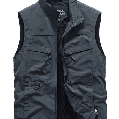 Men'S Navy Blue Sleeveless Vest with Stand Collar, Zippered Front & Side Pockets - Casual, Loose-Fit Outdoor Sports Vest for All Seasons, Polyester Fiber Lining, Perfect for Fall/Winter