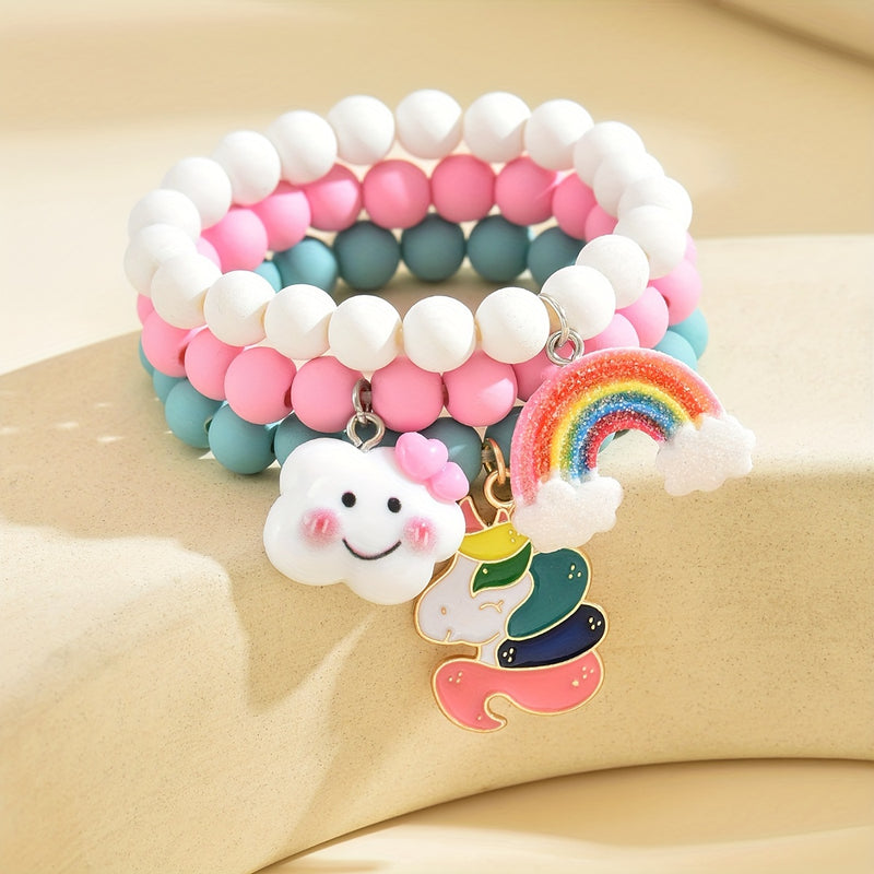 3pcs Cute & Sweet Cloud, Rainbow Unicorn Pendant Acrylic Beaded Bracelets for Girls - Perfect Daily Wear or Holiday Gift Set