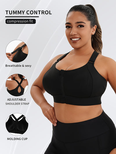 Women'S Plus Size High-Elasticity Sports Bra with Zipper - Blue, Non-Removable Padding, Adjustable Shoulder Straps, Ideal for Yoga & Pilates, Plus Size Yoga Apparel|Sleek Bralette|Comfortable Fit, Plus Size Yoga Apparel