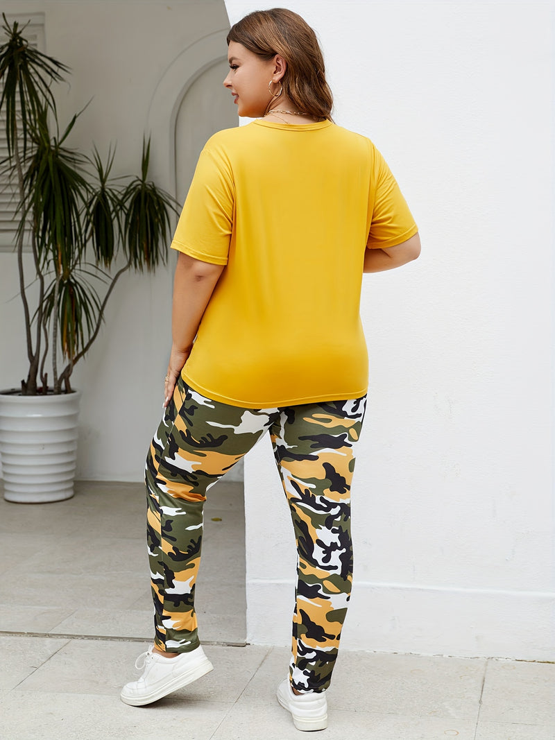 Plus Size Sports Outfit 2-pieces Set For Women, Digital Printing, Round Neck T-Shirt And Camouflage Pants, Comfortable And Versatile Wear