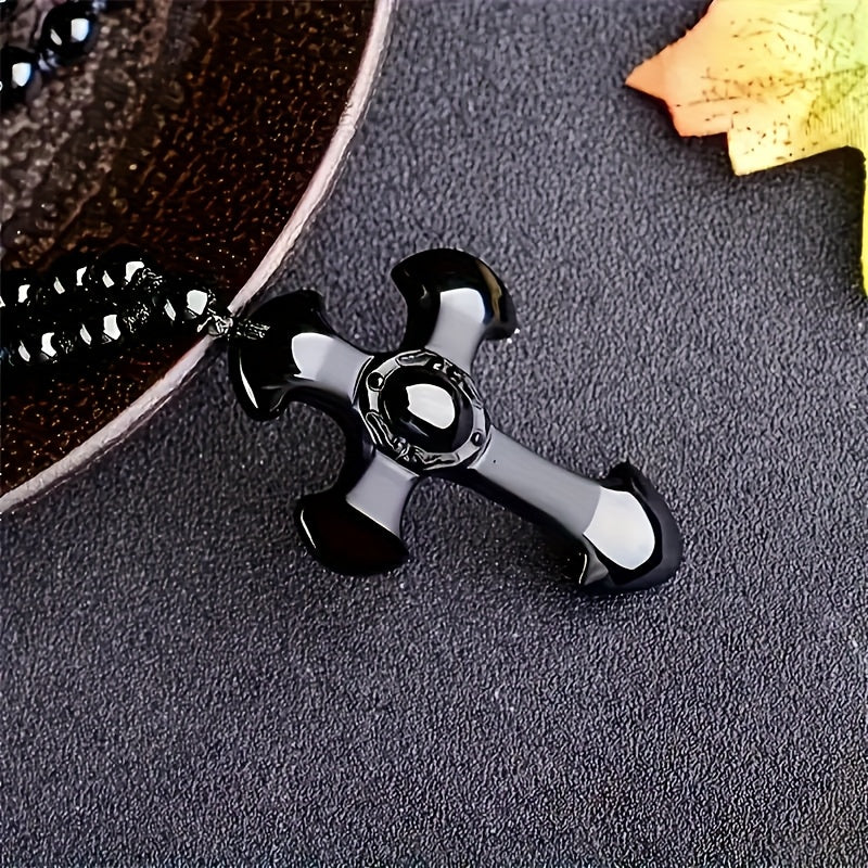 1pc obsidian necklace with a religious cross lucky symbol pendant and paired with a black synthetic Synthetic Gemstone chain, suitable for gifts for men and women.