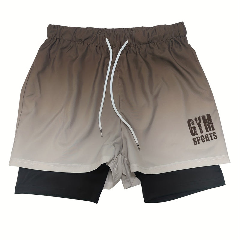 2-in-1 Double Layer Ombre Shorts - High Stretch, Drawstring Waist, Side Pocket, Breathable, Quick-Drying, Comfortable, Mens Sports Shorts for Summer Gym Workout, Training, and Fitness - GYM Pattern Print, Bull Design