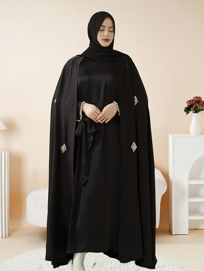 Women'S Elegant Muslim Abaya - Heavy Rhinestone-Embellished Long Sleeve Shawl Robe with Batwing Sleeves & Floor-Length Design, Loose Fit Islamic Dress for Ramadan, Prayer, Daily Wear - Modest Muslim Clothing (MOA067), Abaya F