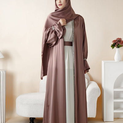 4pcs Set: Poet Sleeve Satin Abaya (MOA009) Eid al-Adha Abaya Muslim Women's Ramadan, Eid al-Fitr, Eid al-Adha, Mawlid, Prayer dress gown robe outfit long robe outfit comfortable soft breathable elegant Middle East Arabic styl