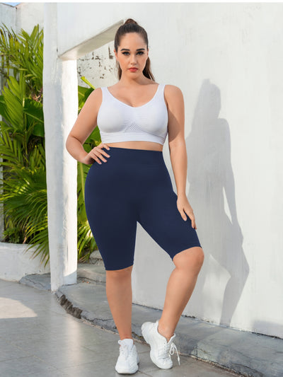 Plus Size Sports Shorts, Women's Plus Wide Waistband High Waist Seamless Running Yoga Shorts