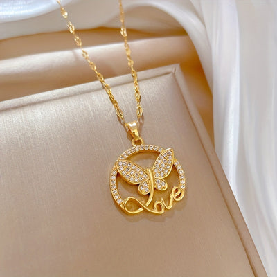Stainless Steel Butterfly Love Letter Pendant Necklace with Cubic Zirconia, Trendy Clavicle Chain Jewelry Gift for Women and Girls