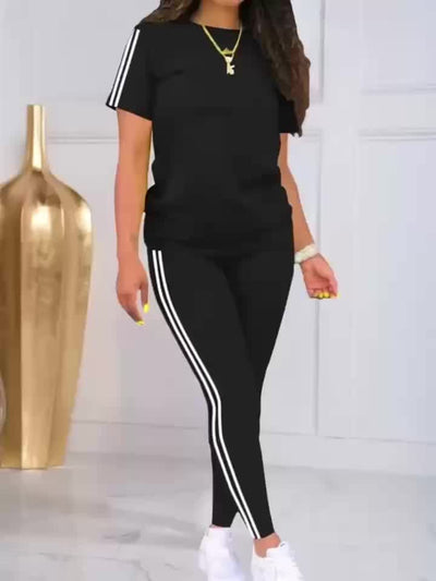 Women'S Casual Fashion Outdoor Sports Set, Double-Sided Striped Round Neck Short Sleeve Long Pants Two-Piece, Women'S Athletic Jogging