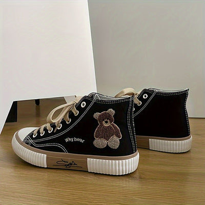 Women's Cute Bear Pattern Canvas Shoes, Casual Lace Up Outdoor Shoes, Comfortable High Top Shoes