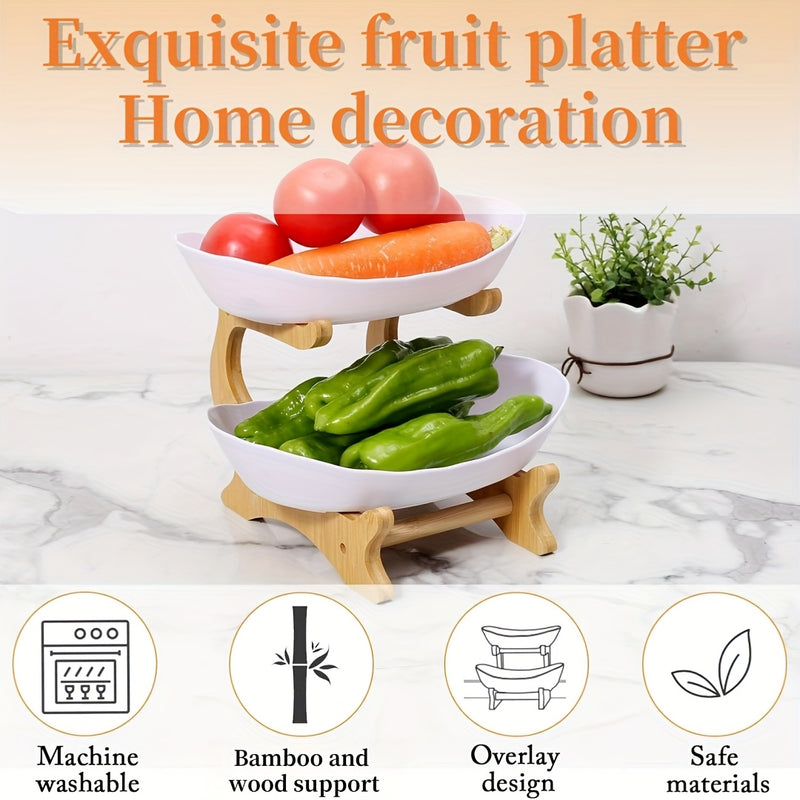 2/3-Tier Fruit Basket with Wooden Stand - Kitchen Organizer for Fruits & Vegetables,Home decor,fruit basket for kitchen counter,Large-Capacity Layered Fruit Basket,European-Style Dried Fruit Tray, Bamboo Wooden Rack Household