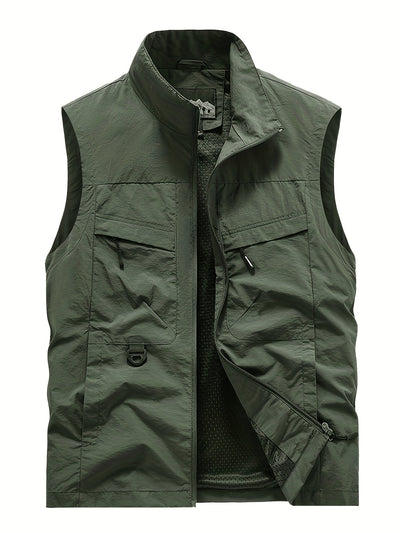 Men'S Navy Blue Sleeveless Vest with Stand Collar, Zippered Front & Side Pockets - Casual, Loose-Fit Outdoor Sports Vest for All Seasons, Polyester Fiber Lining, Perfect for Fall/Winter