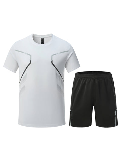 2pcs Men's Stripe Decor Short Sleeve T-shirt + Shorts Sports Set, Casual Quick-drying Summer Fitness Clothing As Gift