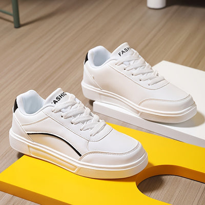 Women's All-Match White Skate Shoes, Casual Round Toe Lace Up Sneakers, Comfortable Low Top Flat Sports Shoes
