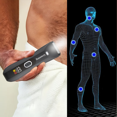 Men's & Women's Body Hair Trimmer, Men’s Groin Shaver with IPX5 Waterproof Rating and R-Sharp Ceramic Blade Head, 2 Size Combs Included. USB Rechargeable Electric Grooming Kit for Chest, Legs, Underarms Bikini Area – LED