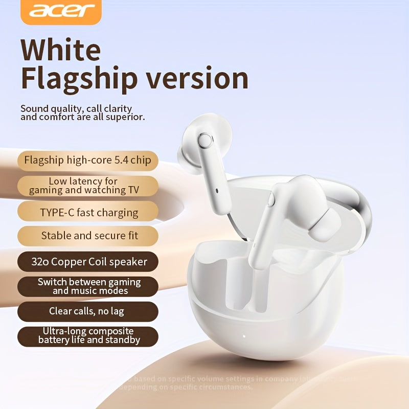 ACER HiFi High-definition Stereo Sound TWS Wireless Earbuds with Call Noise Cancellation, Long Standby Time, Dual Core 5.4 Wireless Chip, HIFI Grade Stereo Sound, Lightweight Touch Design, Fashionable Design, Comfortable for