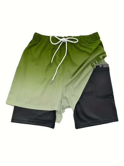 2-in-1 Double Layer Ombre Shorts - High Stretch, Drawstring Waist, Side Pocket, Breathable, Quick-Drying, Comfortable, Mens Sports Shorts for Summer Gym Workout, Training, and Fitness - GYM Pattern Print, Bull Design