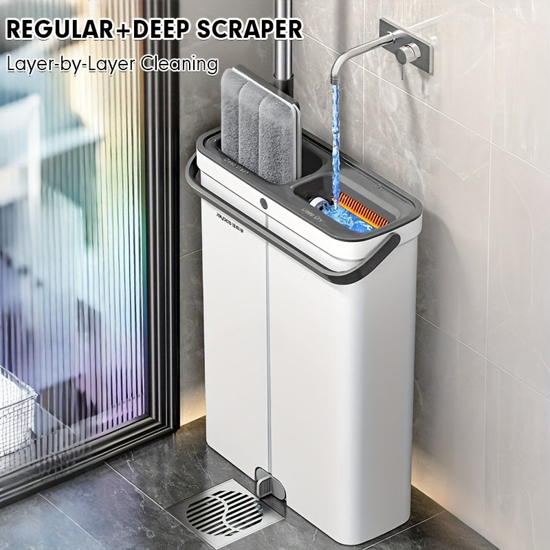 JOYBOS Hands-Free Mop and Bucket Set with 2 Washable Cloths - Heavy-Duty ABS/SS/Polypropylene, Wet & Dry Floor System with Water Filling & Design, Space-Saving Modern Mop for Vinyl Floors, Ideal for Living Room, Bedroom, Kitc