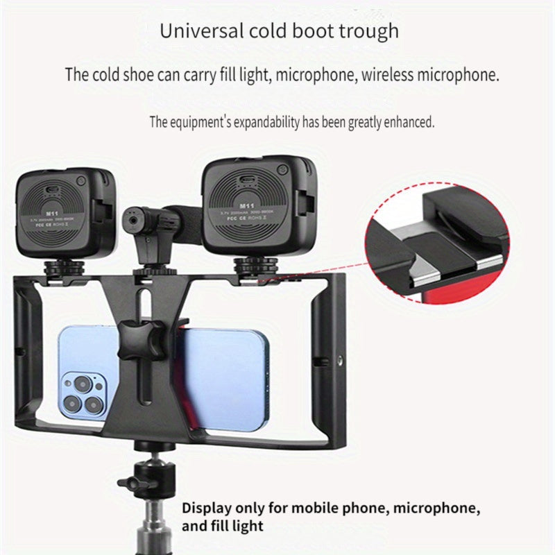 1pc Handheld Phone Stabilizer with Rotating Gimbal, Smartphone Micro Stand and Fill Light for Live Streaming/Photography Recording. Features Three Cold Shoe Mounts & Multiple 1/&