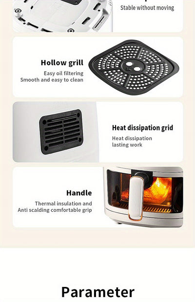 6L Large Capacity Air Fryer with Transparent Viewing Window, Smart Touch Panel, Adjustable Timer & Temperature Control, High Borosilicate Glass Liner, British Specification Plug, Safe for Use at Home or Restaurants, Air Fryer