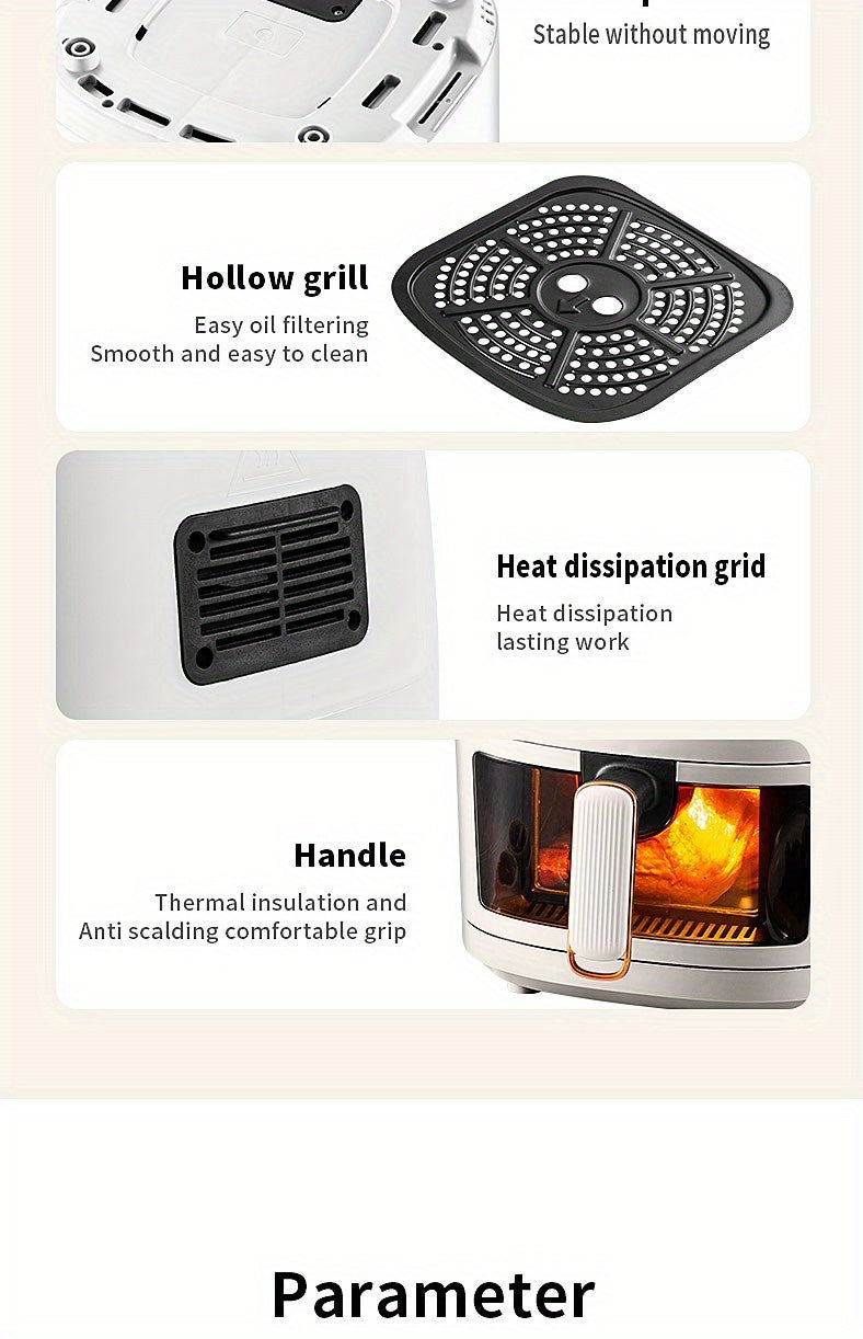 6L Large Capacity Air Fryer with Transparent Viewing Window, Smart Touch Panel, Adjustable Timer & Temperature Control, High Borosilicate Glass Liner, British Specification Plug, Safe for Use at Home or Restaurants, Air Fryer