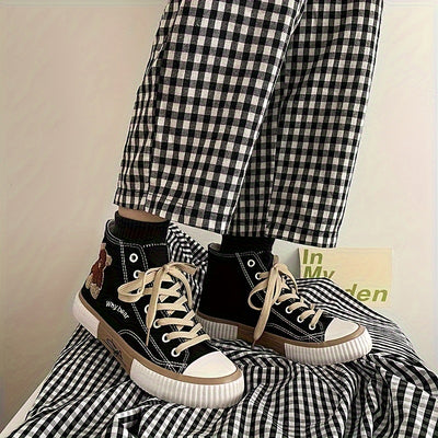 Women's Cute Bear Pattern Canvas Shoes, Casual Lace Up Outdoor Shoes, Comfortable High Top Shoes