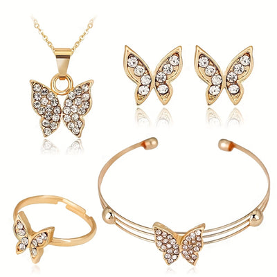 4pcs Stylish Minimalist Shiny Butterfly Pendant Necklace, Bracelet, Ring, and Earrings Set for Girls - Elegant Best Friend Jewelry Collection, for Teenager