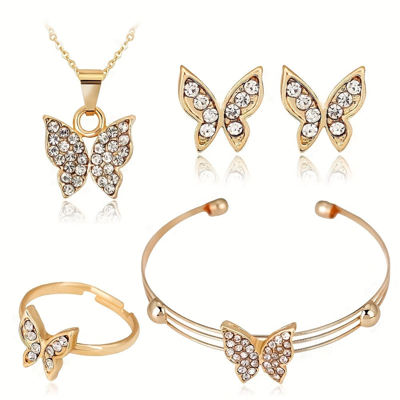 4pcs Stylish Minimalist Shiny Butterfly Pendant Necklace, Bracelet, Ring, and Earrings Set for Girls - Elegant Best Friend Jewelry Collection, for Teenager