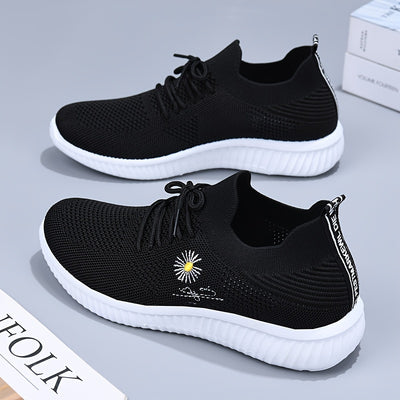 Women's Flower Pattern Sneakers, Breathable Flying Woven Outdoor Shoes, Lightweight Low Top Running Shoes