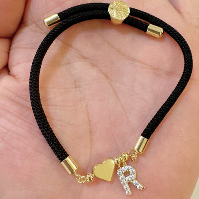 18K Golden Plated Heart Charm Bracelet with Synthetic Zirconia Letter Pendants A-Z, Simple Classic Black Polyester Cord, Adjustable for Daily Wear and Gift-Giving