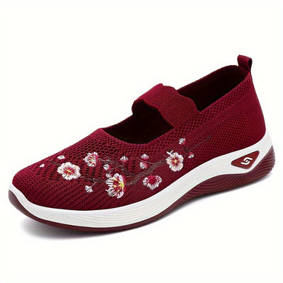 Women's Flower Pattern Sneakers, Breathable Knit Slip On Outdoor Shoes, Comfortable Low Top Shoes