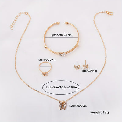 4pcs Stylish Minimalist Shiny Butterfly Pendant Necklace, Bracelet, Ring, and Earrings Set for Girls - Elegant Best Friend Jewelry Collection, for Teenager