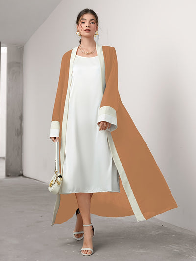 Cozy Comfort, Elegant Black and Cream Long Robe with Ruffle Sleeves - Polyester, Machine Washable, Casual Style for Women - Perfect for Spring/Summer/Fall