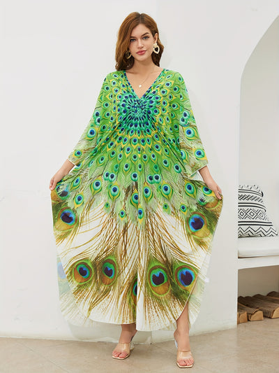 peocock printed women beach kaftans handmade waved maxi dresses bikini cover ups for swimwear bathing suits