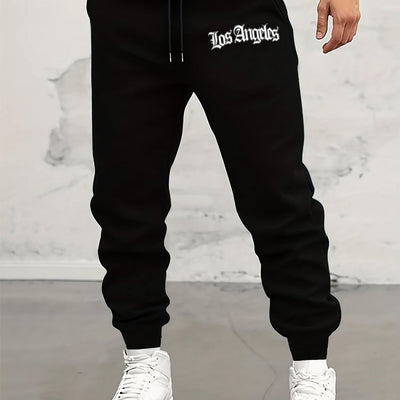 Men's Casual Los Angeles Print Knit Polyester Sweatpants with Elastic Drawstring Waist, Regular Fit Sports Pants with Pockets and Slight Stretch