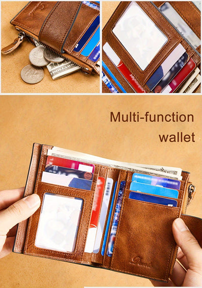 Vintage Men's Top Layer Cowhide Wallet RFID Anti-theft Card Holder Large Capacity 18 Card Slots Zipper Wallet Can Hold Coins Mobile Card Holder Can Hold Driver's License, 2 Large Banknote Slots