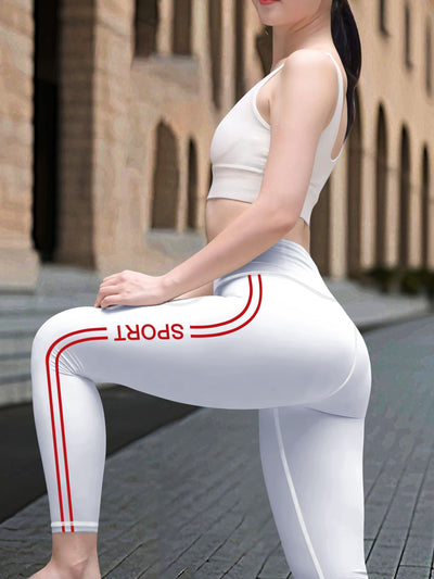 Plus Size High-Waisted Women's Leggings, Stretchy Tummy Control Yoga Pants With Side Stripe Print For Running Fitness Outdoor Sports Fashion